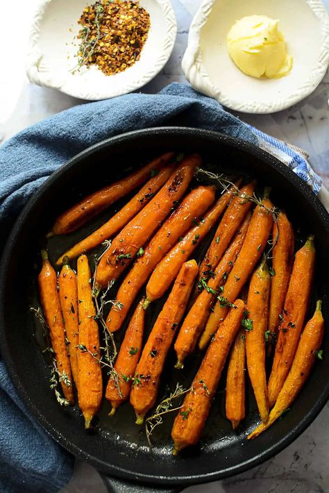 Cast Iron Carrots, Hot Honey Glazed Carrots, Hot Honey Roasted Carrots, Hot Carrots Recipe, Tri Colored Carrots Recipe, Buttery Carrots, Honey Glazed Carrots Oven, Hot Honey Carrots, Roasted Whole Carrots