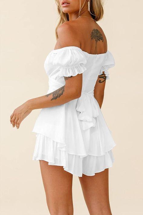 Linsery Women Boho Off Shoulder Romper Floral Print Tie Back Ruffle Hem Chiffon Short Jumpsuit Summer Jumpsuit Casual, Shorts Design, Off Shoulder Romper, Jumpsuit Summer, Short Sleeve Jumpsuits, Off Shoulder Fashion, Short Sleeve Romper, White Romper, Ruched Bodice