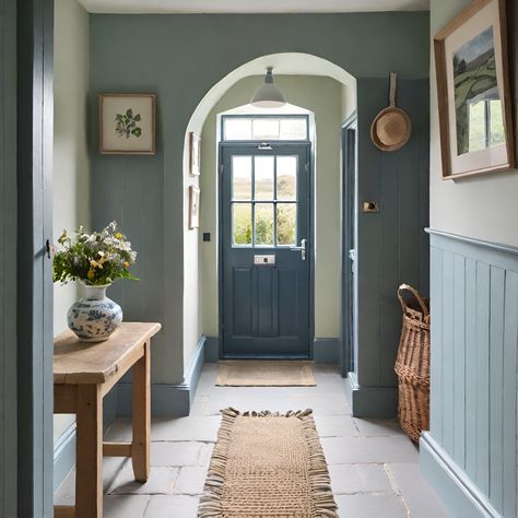 Pale Blue Hallway Ideas, French Blue Hallway, Porch Wallpaper, Blue Hallway Ideas, English Countryside Decor, Hallway Wall Colors, Dormer House, Cottage Hallway, Stairs And Hallway Ideas