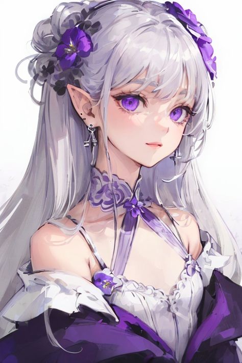 White Hair Purple Eyes Girl, White Hair Purple Eyes Anime, White Hair Purple Eyes, Lavender Highlights, Dark Grey Hair, Fantasy Writing, Girl Elf, Lilac Hair, Fantasy Princess