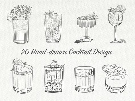 Cocktail Sketch Art, Drink Line Art, Cocktail Recipe Book Design, Hand Drawn Cocktails, Old Fashioned Cocktail Drawing, Cocktail Line Drawing, Cocktail Line Art, Cocktail Drawing Simple, Drink Illustration Graphics