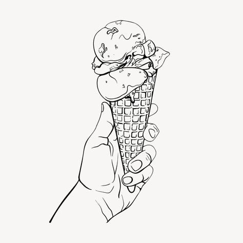 Hand Holding Ice Cream Drawing, Holding Ice Cream Reference Drawing, Eating Ice Cream Drawing, Eating Ice Cream Illustration, Hand Holding Ice Cream, Black And White Ice Cream, Ice Cream Sketch, Drawing Dessert, Ice Cream Cone Drawing