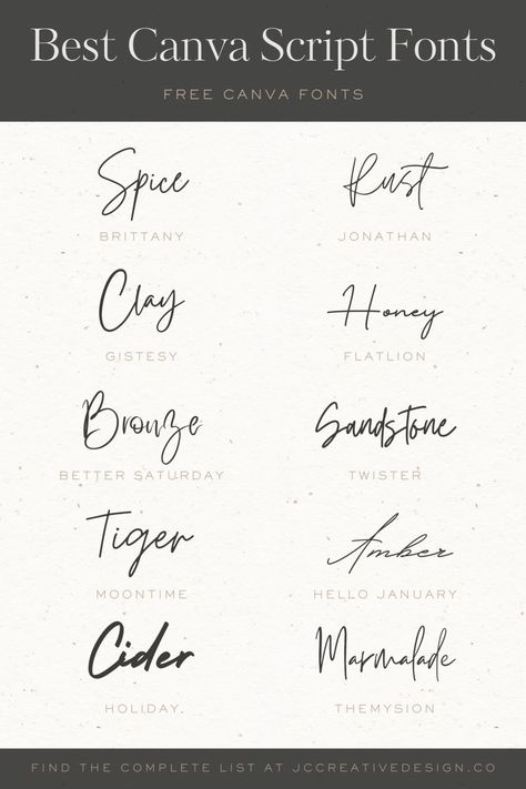 The Best Fonts on Canva: 55 Elegant Free Script Fonts Free Monoline Font, Best Canva Wedding Fonts, Canva Font Combinations Wedding, Best Free Canva Fonts, Font Pairing Wedding, Calligraphy Fonts Canva, Flowy Fonts, Simple Cursive Font, Script Fonts Free