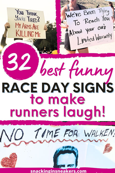 A collage of three funny race day signs for runners with a text overlay that says best funny race day signs to make runners laugh. Marathon Race Signs Funny, Running Spectator Signs, Half Marathon Support Signs, Bike Race Signs, Half Marathon Posters Ideas Funny, 5k Race Signs, Funny Signs For Marathon Runners, Signs For Runners Cheer, Running Posters For Races Funny