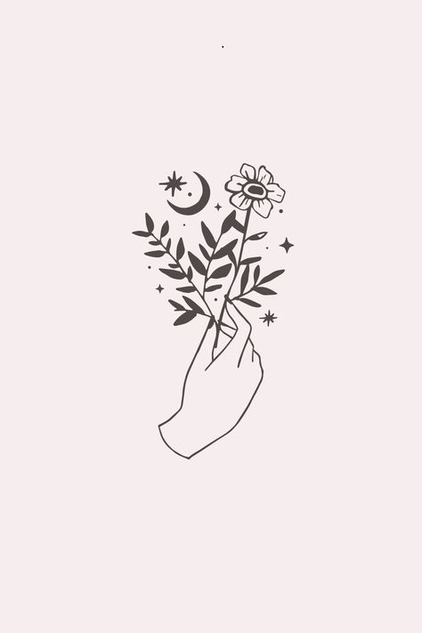 Stars And Plants Tattoo, Hand Holding Moon Tattoo, Holding Hands Drawing, Bouquet Of Wildflowers, Sparkle Tattoo, Balance Tattoo, Hands Holding Flowers, Flower Bouquet Tattoo, Wildflower Drawing