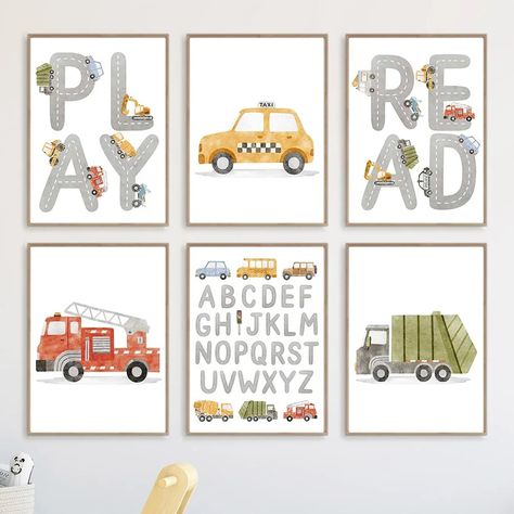 Wall Art Cartoon, Quotes Wall Art, Ideas Room, Cartoon Posters, Art Cartoon, Kids Room Decor, Fire Truck, Mural Art, Custom Posters