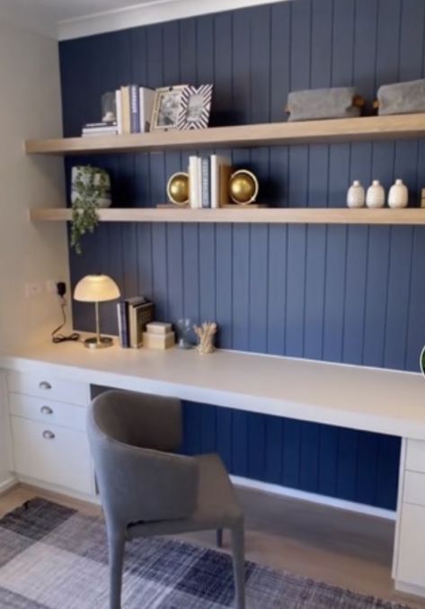 Built In Desk With Floating Shelves, Home Office Desk Against Wall, Navy Wall Panelling, Built In Desk And Shelves, Beige Office, Spare Bedroom Office, Bonus Room Design, Homeschool Room Design, Guest Bedroom Home Office