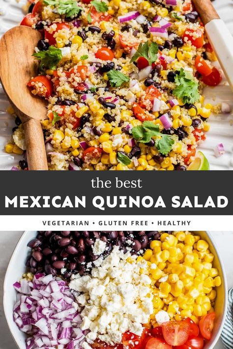 This light and refreshing Mexican Quinoa Salad combines quinoa, black beans, corn, and tomatoes with a tangy lime vinaigrette. It’s a delicious, healthy side dish you can bring to picnics, potlucks, and barbecues! Mexican Quinoa Salad Recipes, Southwestern Quinoa Salad, What To Bring To A Mexican Potluck, Quinoa Taco Salad, Cheap Salad Recipes, Quinoa Sides, Mexican Quinoa Bowl, Salad Combinations, Mexican Quinoa Salad