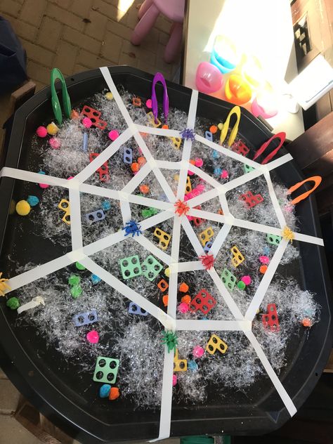 Eyfs funky fingers. Numicon in the spiders web rescue with tweezers Spider Tuff Tray Ideas, Eyfs Craft Activities, Spiders Eyfs Activities, Halloween Eyfs Ideas, Superworm Activities Eyfs, Spider Eyfs Activities, Halloween Tuff Tray Ideas Eyfs, Halloween Maths Eyfs, Autumn Activities Eyfs