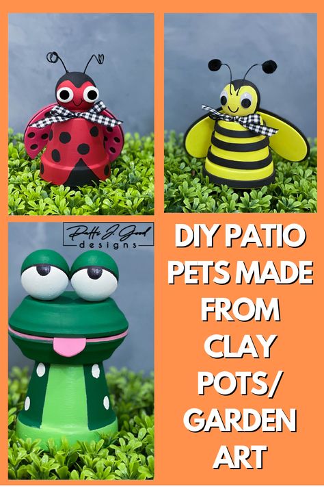 Clay Pot Patio Pets/Flower Pot Decor/Garden Art DIY Diy Garden Crafts For Kids, Crafts With Flower Pots, Clay Pot Ideas Diy Projects, Clay Pot Animals Diy, Clay Pot Crafts Garden, Honeycomb Snacks, Flower Pot Animals, Clay Pot Designs, Painted Clay Pots Ideas