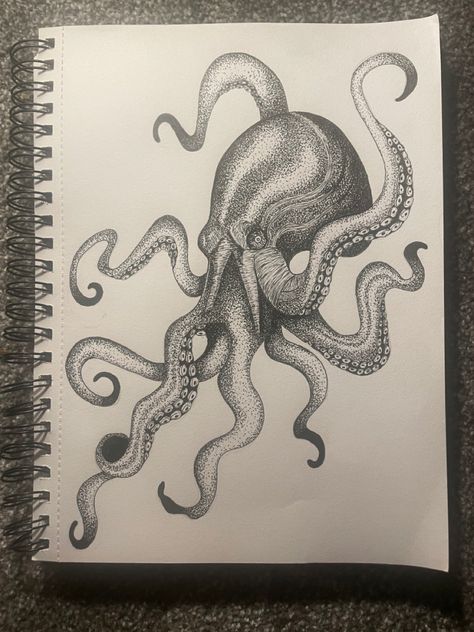 #black #grey #pen #penwork #blackpen #pendrawing #octopus #octopusdrawing #dotwork #shading Pen Dot Drawing, Fantastic And Strange Gcse Art, Octopus Sketch, Sea Creatures Drawing, Biro Drawing, Biro Art, Octopus Drawing, Dotted Drawings, Sketchbook Layout