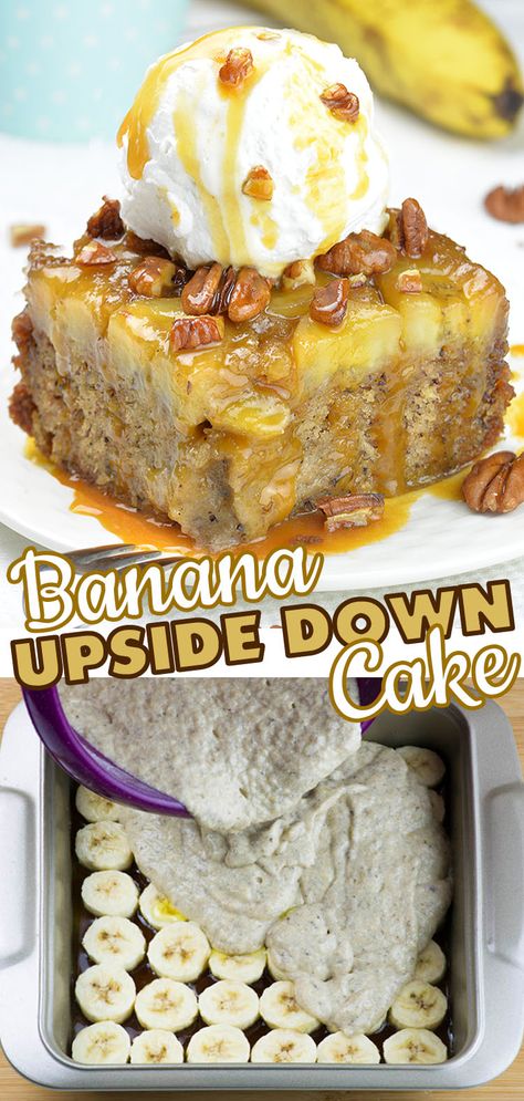 Up Side Down Banana Cake, Banana Foster Upside Down Cake, Carmelized Banana Dessert, Banana Upside Down Cake With Box Cake, Bananas Foster Desserts, Nutella Banana Boats, Banana Food Ideas, Banana Cobbler Recipes, Banana Deserts Recipes