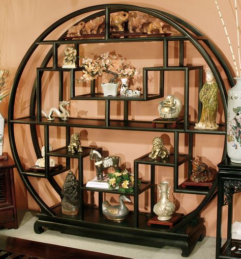 Moon Curio Stand - Inspired by the round garden gate in beautiful southern China, the asymmetrical shelves perfectly balance the overall round shape. A unique curio for displaying your treasured collectibles. Asymmetrical Shelves, Asian Decor Living Room, Modern Asian Decor, Diamond Furniture, Chinese Living Room, Tea Room Decor, Chinese Style Interior, Asian Living Room, Zen Interiors