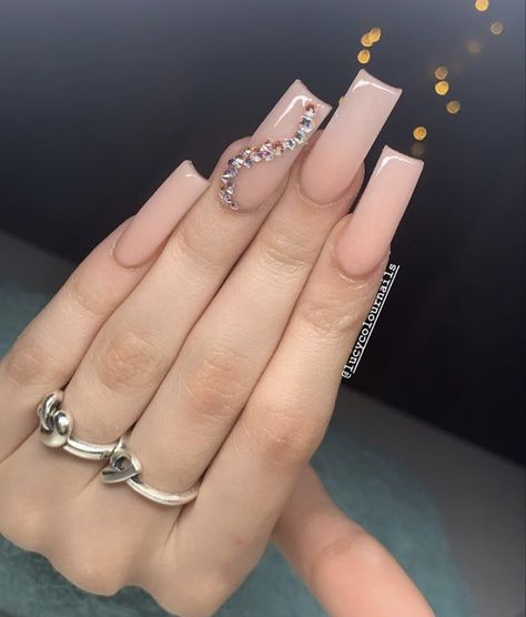 Nude Rhinestone Nails, Nails With Rhinestones Simple, Nude Nails With Diamonds, Nude Nails With Rhinestones, Girl Maintenance, Nails And Rings, Acrylic Nails Nude, Simple Acrylic Nails, Acrylic Nails Coffin Pink