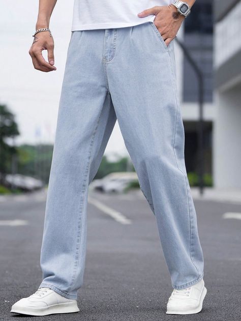 Light Wash  Collar  Denim Plain Wide Leg Embellished Non-Stretch  Men Clothing White Sneakers Men, Outfits Jeans, Color Celeste, Men Stylish Dress, Loose Fit Jeans, Light Blue Jeans, Clothing Styles, Mens Clothing, Light Denim