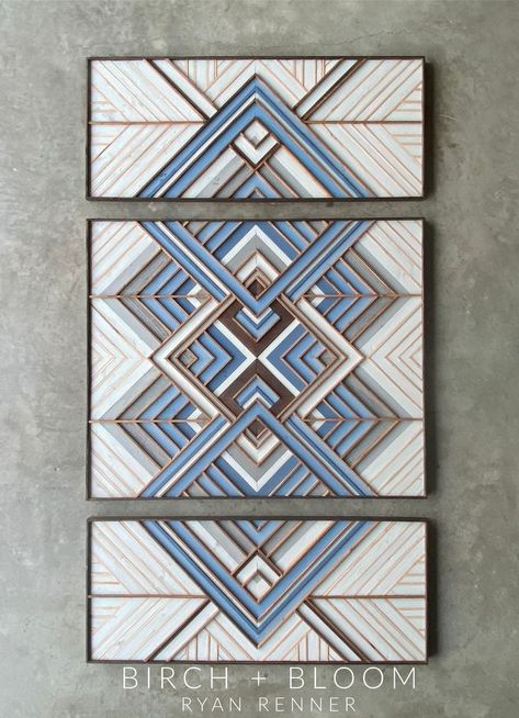 Dyi Art, Geometric Wood Wall Art, Geometric Wood Wall, Acrylic Painting Diy, Wood Wall Art Diy, Layered Art, Bead Loom Pattern, Triptych Wall Art, Deco Pattern