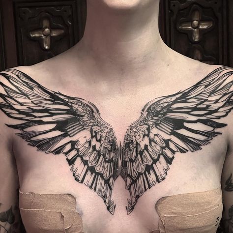 Wings Chest Tattoo Female, Angel Wings Chest Tattoo Female, Raven Chest Tattoo Female, Key Chest Tattoo, Wings Tattoo On Chest, Full Chest Tattoos For Women, Chest Tattoo Placement, Angel Chest Tattoo, Chest Piercings For Women