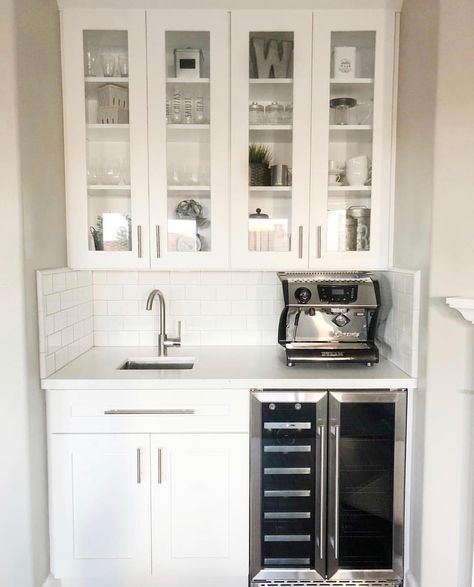 Coffee Bar  White subway tile with white shaker cabinets Coffee Wet Bar, Coffee Bar White, Wine And Coffee Bar, Tv Nook, Kitchen Wet Bar, Bar Nook, Home Wet Bar, Coffee Bar Station, Coffee Bar Design