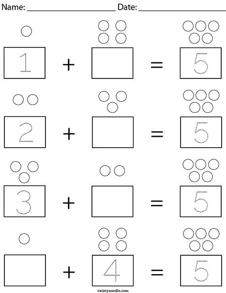 Addition with 5 Math Worksheet - Twisty Noodle Kg Worksheets, Grade R Worksheets, Kindergarten Math Worksheets Addition, Shape Worksheets For Preschool, Mental Maths, Twisty Noodle, Math Enrichment, First Grade Math Worksheets, Math Sheets