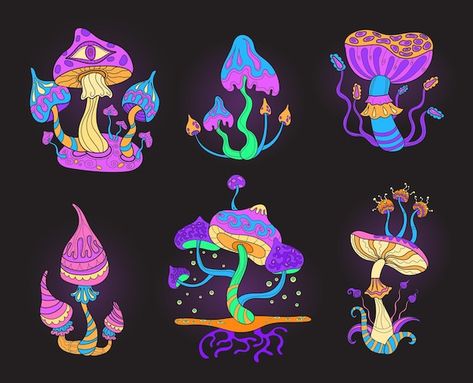 Vector psychedelic mushrooms magical mus... | Premium Vector #Freepik #vector #magic-mushroom #fungi #mushroom-illustration #cartoon-mushroom Psychadelic Mushroom, Fungi Illustration, Mushroom Stock, Magical Mushroom, Mushroom Paint, Mushroom Tattoos, Mushroom Drawing, Magic Forest, Dope Cartoon Art