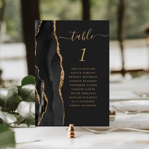 Black Gold Agate 5x7 Dark Wedding Table Number Word Table, Modern Wedding Table, Design Black Gold, Geode Wedding, Table Number Card, Handwriting Script, Agate Wedding, Elegant Modern Wedding, Wedding Table Number Cards