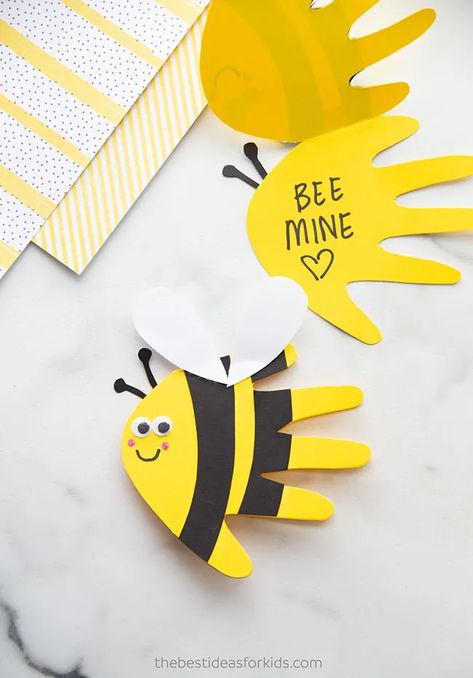 Bee Mine Card Handprint Bee Handprint, Bee Crafts For Kids, Bee Activities, Toddler Arts And Crafts, Preschool Arts And Crafts, Seni Dan Kraf, Hand Crafts For Kids, Animal Crafts For Kids, Bee Mine