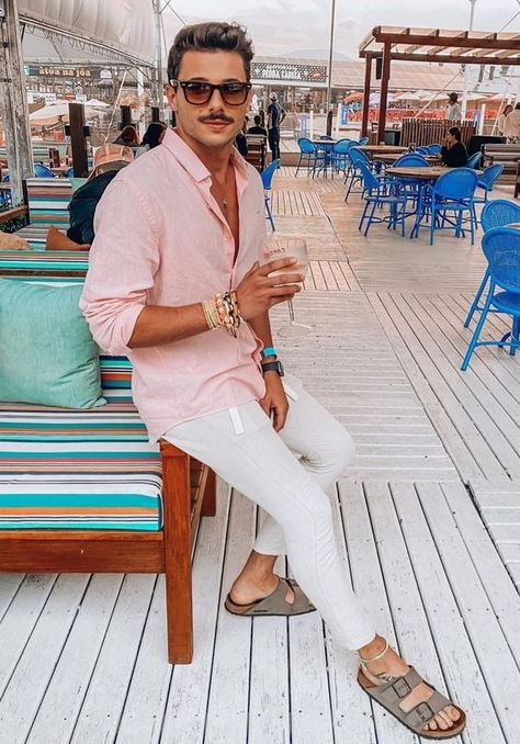 Best Men's Summer Holiday Outfits 24 Ideas - mens-club.online Marbella Men Outfit, Fancy Beach Outfit Men, Men’s Tulum Outfits, All White Summer Outfits Men, Mens Cabo San Lucas Outfit, Ibiza Mens Outfits, Cabo San Lucas Outfits Men, Resort Chic Attire Men, Mens Mediterranean Fashion