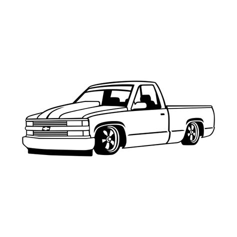 Chevy Truck Outline, Chevy Trucks Drawings, Low Rider Truck Drawing, Truck Cartoon Drawings, Dropped Trucks Drawings, Square Body Chevy Drawing, Simple Truck Tattoo, Cartoon Truck Drawing, Truck Outline Tattoo