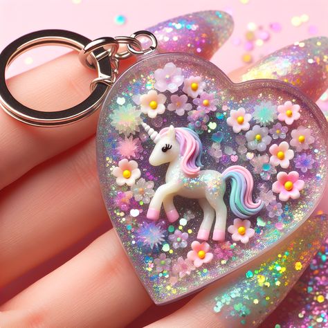 This delightful resin art keychain features a 3D mini unicorn encased in pastel colors with iridescent glitter. The heart shape symbolizes love, and it's complete with a silver keyring. Perfect for teens! #ResinArtKeychain #PastelUnicorn #TeenAccessories #HeartKeychain #IridescentGlitter #GiftsForTeens Resin Art Keychain, Art Keychain, Hello Kitty Cupcakes, Keychain Ideas, Unicorn Birthday Cake, Unicorn Charm, Fantasy Decor, Resin Keychain, Classy Tattoos