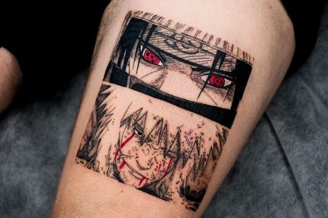 Anime & Manga Tattoos on Instagram: "Itachi and Jiraiya - Naruto Ya’ll remember these scenes?! I haven’t tattooed as much Naruto lately but these are two panels that I’d been wanting to for awhile! Thank you guys for looking and happy new year" Rabe Tattoo, Black And White Tattoo, Manga Tattoo, Geek Tattoo, Naruto Tattoo, Tattoo Artwork, Gaming Tattoo, E Tattoo, Cartoon Tattoos