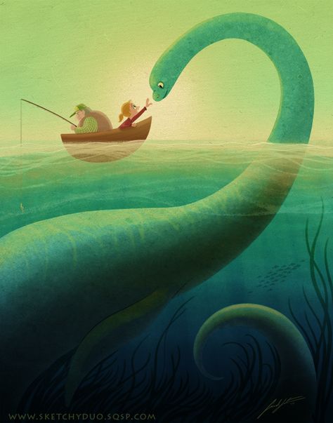 Look who I found!  (available on our etsy and society6 page!)  #nessie #nessy #lochness #lochnessmonster #monster #lake #fishing #boat #girl #illustration #art #digitalpainting #digitalart #drawing #legend Digital Painting Photoshop, Loch Ness Monster, Photoshop Painting, Illustration Art Girl, Society6 Art, Creature Art, Fantasy Creatures, Mythical Creatures, Digital Painting