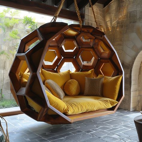 Introducing the floating beehive couch: a blend of modern design and natural inspiration. With its honeycomb-like structure and suspended appearance, it’s both visually striking and invitingly comfortable, adding a touch of whimsy to any home. Conceptual AI Art Follow @ecosapiens for more! Amazing Bedroom Designs, Playground Design, House Drawing, Bee Design, Wood Chair, Bee Hive, Living Design, Honeycomb, Chair Design