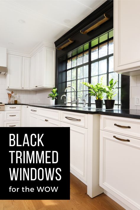 Window Trim Ideas Interior Black Windows, White Kitchen Black Trim, Black Inset Windows, Black Window Interior Trim, Black Windows Inside House, Black Window Frames With Blinds, Black Interior Windows With Black Trim, Black Kitchen Windows, Window Trim Ideas Interior Paint Colors