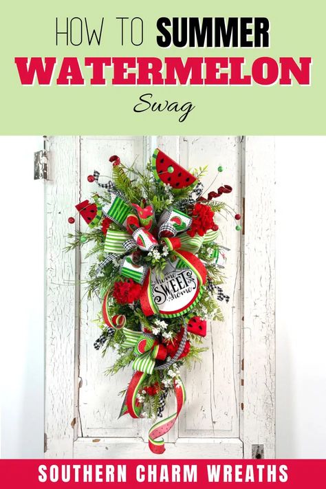 Summer Wreath Diy Summertime, Watermelon Wreaths For Front Door, Spring Wreaths For Front Door Diy, Wreath Making Business, Swag Wreaths, Inexpensive Wreaths, Diy Swag, Watermelon Wreath, Deco Mesh Wreaths Diy