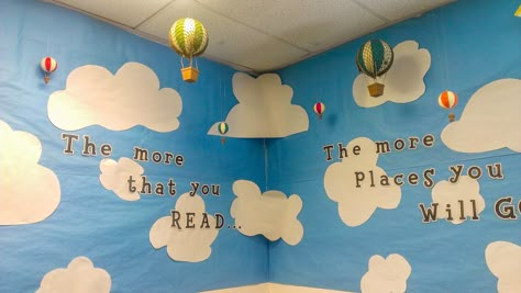 My hot air balloon themed classroom! I love how it turned out! http://tiffaniberthold.wordpress.com/2014/08/06/back-to-school-night/ Clouds Classroom Theme, Sky Classroom Decor, The Sky Is The Limit Classroom Theme, Sky Theme Classroom Decorations, Cloud Themed Classroom, Sky Themed Classroom, Cloud Classroom Theme, Sky Classroom Theme, Cloud Classroom Decor