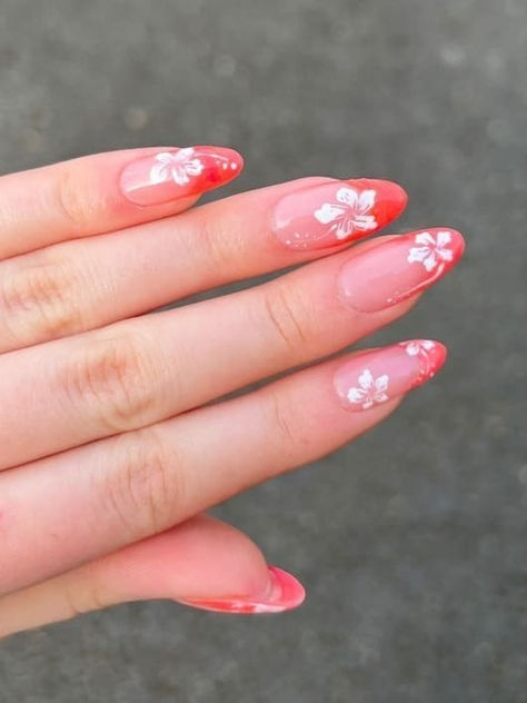 tropical nail design: hibiscus flower Summer Nails 2023 Hibiscus, Summer Acrylic Nails With Flowers, Almond Nails Hawaii Flowers, Haiwan Flower Nails, Summer Acrylic Nails Hibiscus, Cute Nails Acrylic Summer Pink, Summer Flower Nails 2023, Hibiscus Flower Nails White French Tip, French Hawaiian Nails