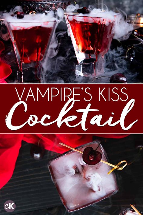 Sip on your darkest desires with a Vampire's Kiss cocktail. This boozy blend of sweet-tart raspberry and cranberry is lightened up with a touch of bubbles and will leave you craving more all night long! Vampire Blood Cocktail Recipe, Vampire Mocktail, Vampires Kiss, Kiss Cocktail, Tart Raspberry, Vampire Kiss, Alcholic Drinks, Batch Cocktails, Vampire Halloween