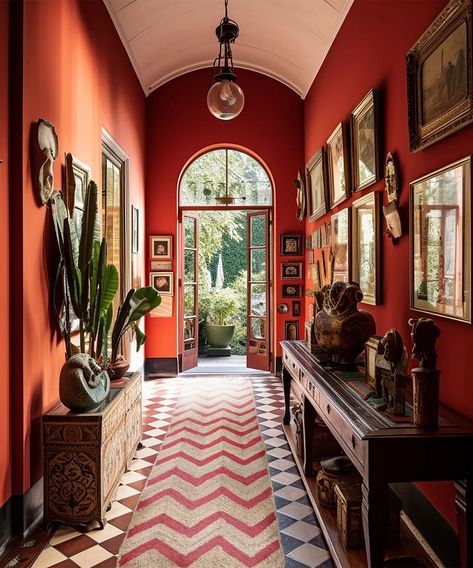 Red Trim Interior, Red Entryway, Hallway Colour Schemes, Red Hallway, Victorian Hall, Florida Aesthetic, Hallway Colours, Building Crafts, Set Decoration