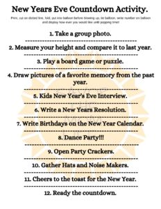 Kid-Friendly New Years Eve Traditions and Activities - Savor The Mom Life New Year’s Eve Family Traditions, New Year’s Eve Traditions With Kids, Noon Years Eve Party For Toddlers, New Year Eve Kids Activities, Nye Activities, Children’s New Year’s Eve Party, New Years Eve Kids Countdown, New Years With Kids, Countdown For Kids