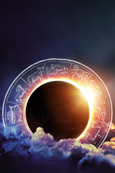 a solar eclipse with 'a ring of fire'. clouds are in the foreground and a ring with astrological signs sits behind the ring. Horoscope Signs Dates, Free Tarot Cards, Horoscope Art, Astrology Meaning, Horoscope Tattoos, Zodiac Wheel, Fortune Telling Cards, Astrology Planets, Weekly Horoscope