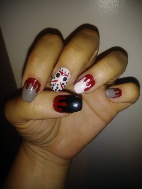 Friday The 13th Nails, Jason Nails, Halloween Nails Diy, Bright Nail Designs, Friday The 13th Jason, Natural Nail Art, Short Acrylics, Short Gel Nails, Racun Shopee