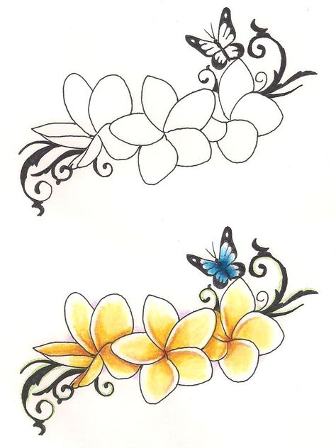 Fiori Frangipani, Frangipani Tattoo, Hawaiian Flower Tattoos, Plumeria Tattoo, Butterfly Ribbon, Band Tattoos, Ribbon Tattoos, Samoan Tattoo, Hawaiian Tattoo