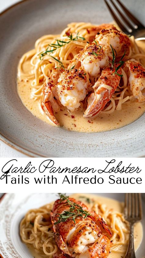 These garlic parmesan lobster tails, drizzled with creamy Alfredo sauce, are a decadent treat that’s perfect for any seafood lover. The rich, garlicky sauce enhances the lobster’s delicate flavor, making this dish a show-stopper for dinner. Italian Lobster Dishes, Fancy Dinner Recipes Pasta, Pasta With Lobster Tails, Lobster Tail Dishes, Lobster Tail Pasta Recipe, Lobster Scampi Recipe, Lobster Tail Pasta, Langostino Lobster Recipes, Upscale Dinner Recipes