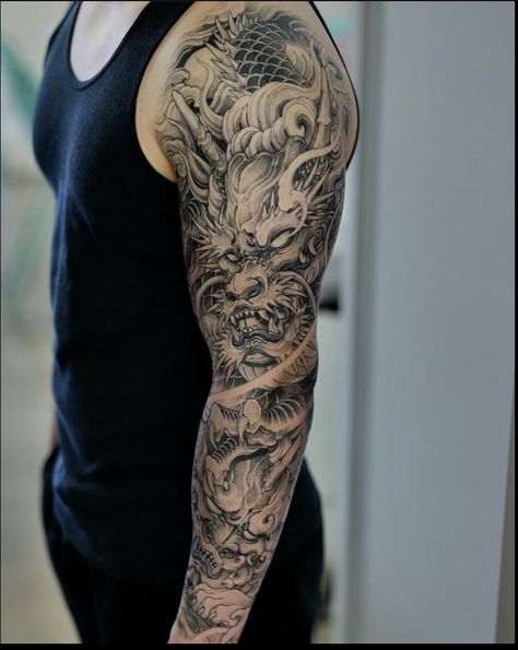 Dragon Sleeve Tattoos Mens Arm, Dragon Quarter Sleeve Tattoo, Fu Dog Sleeve Tattoo, Full Japanese Sleeve Tattoo, Dragon Sleeve Tattoo Design, Asian Dragon Tattoo Arm, Oni Dragon Tattoo, Arm Sleeve Tattoo Ideas For Men, Japanese Dragon Tattoos Forearm