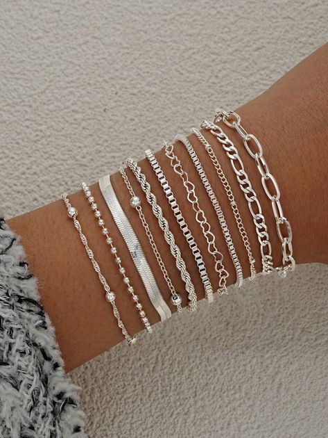 Details:Metal \nStyle:Fashionable \nGender:Women \nColor:Silver \nMaterial:Zinc Alloy \n Soft Summer Style, Bracelet Combos, Minimalist Accessories Jewellery, Beaded Snake, Silver Bracelet For Women, Good Jewelry, Bracelet Stacks, Bracelet Sets, Simple Chain