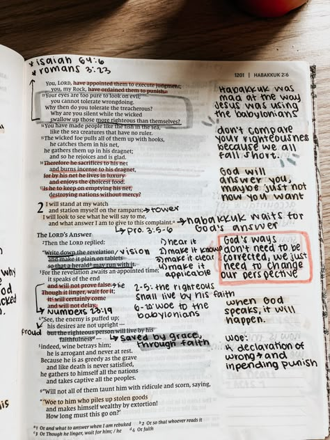 Bible Study Annotations, Bible Annotations Aesthetic, Bible Verse Annotations, Habakkuk Bible Journaling, How To Annotate The Bible, Babel Annotations, Bible Goals, Bible Highlighting, Open Bible