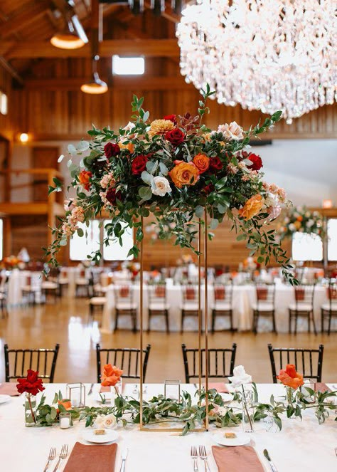 Wedding Decor Inspo, Wedding Florals, Fall Wedding, Fall Wedding Inspo, Fall Wedding Decor, Wedding Venue, Nashville Wedding, Nashville Wedding Planner, Nashville Wedding Florist, Nashville Event Planner, Centerpiece, Centerpiece Inspo, Wedding Reception Centerpiece, Wedding Reception, Wedding Reception Inspo Red And Orange Fall Wedding, Terracotta Wedding Flowers Centerpiece, Fall Wedding Ballroom, Fall Wedding Venues Indoor, Elegant Fall Wedding Ideas Classy, Fall Wedding Flowers Centerpieces, Fall Florals Wedding, Fall Wedding Floral Centerpieces, Elegant Fall Wedding Centerpieces