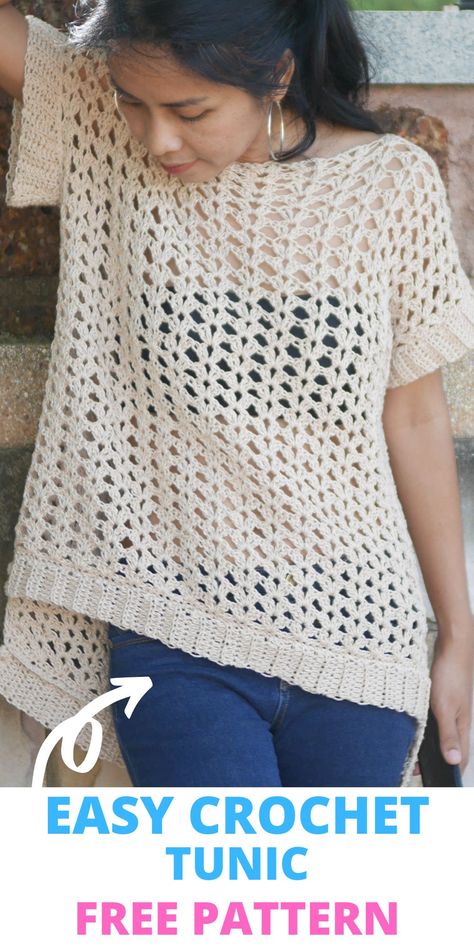 Crochet Loose Top, Crocheted Summer Tops Free Patterns, Beginner Crochet Top Patterns Free, Easy Summer Crochet Tops, Linen Yarn Crochet Patterns, Knit Tunic Pattern Free, Crochet Summer Sweater Pattern, Summer Sweater Crochet, Crochet Tank Top Free Pattern Easy