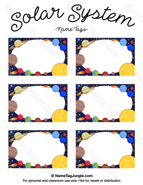 Free printable solar system name tags. The template can also be used for creating items like labels and place cards. Download the PDF at http://nametagjungle.com/name-tag/solar-system/ Name Tags Printable Templates, Printable Solar System, Name Tags Printable, Space Theme Classroom, Name Tag For School, Name Tag Templates, Space Names, Space Classroom, Name Tag Design