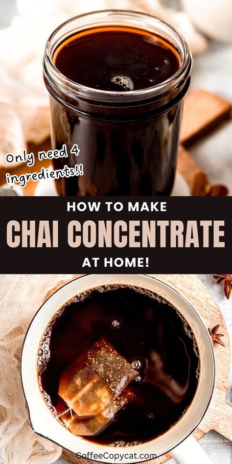 Homemade Chai Concentrate (From Tea Bags) - coffeecopycat.com Chai Tea Concentrate From Tea Bags, Chia Tea Concentrate Recipe, Homemade Chai Concentrate, Chia Tea Recipe, Chai Tea Concentrate Recipe, Chia Tea Latte Recipe, Chai Concentrate Recipe, Tea Concentrate Recipe, Chai Tea Concentrate